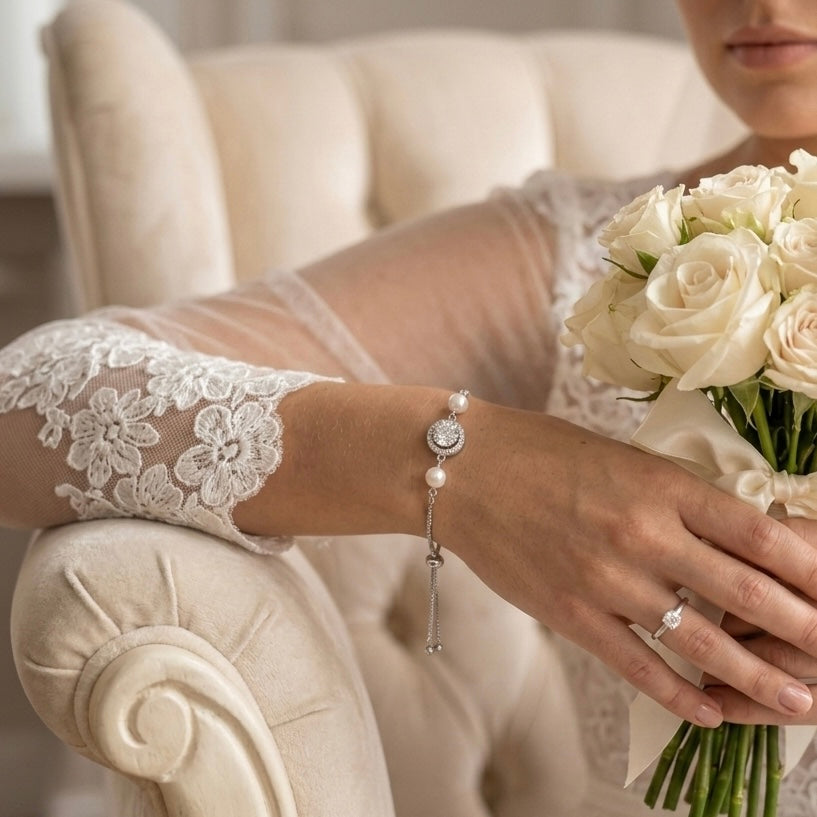 Crystal and Pearl Adjustable Bracelet Wedding Jewelry