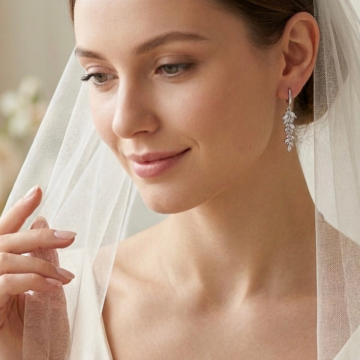 Wedding Crystal Leaf Bridal Hoop Earrings