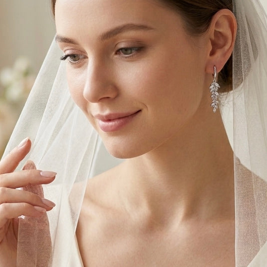 Wedding Crystal Leaf Bridal Hoop Earrings
