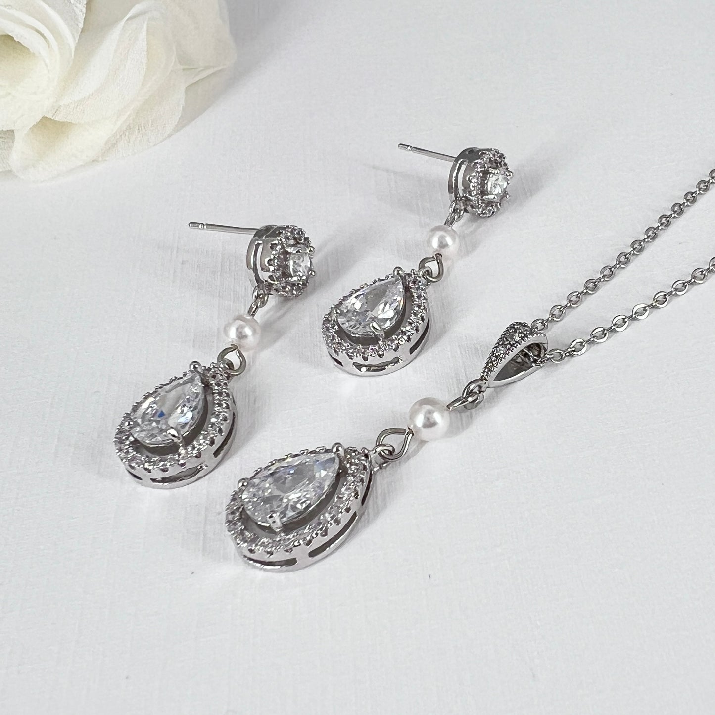 Bridal Wedding Crystal Teardrop Earrings Necklace