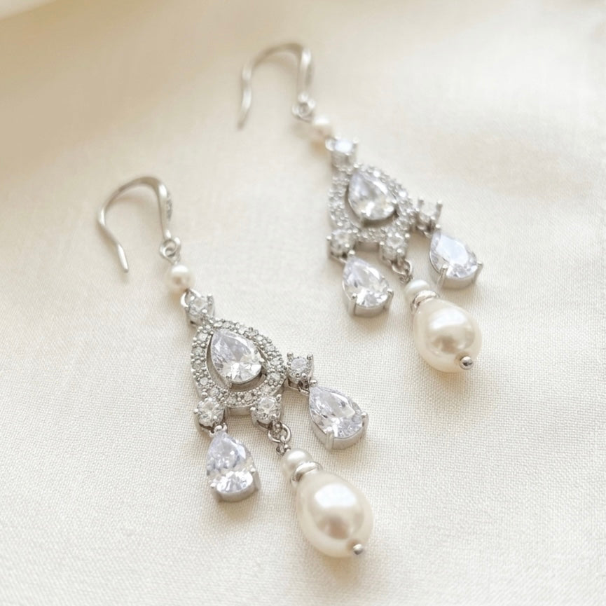Wedding Bridal Chandelier Earrings with Crystal and Pearl