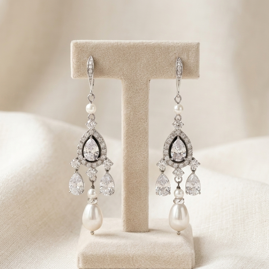 Wedding Bridal Chandelier Earrings with Crystal and Pearl