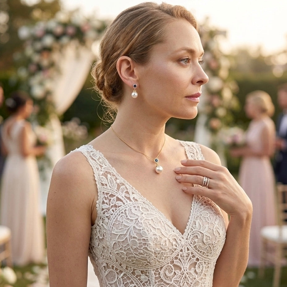 Bridal Pearl Gold Earrings with Sapphire Blue Accents