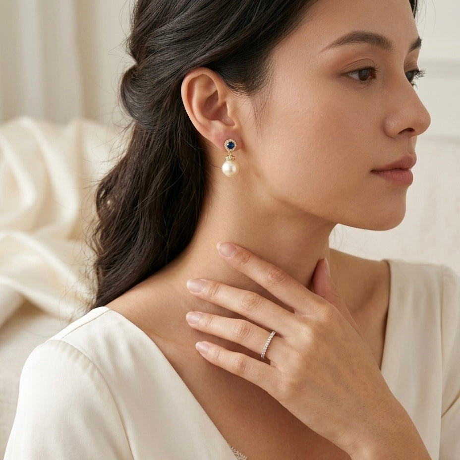 Bridal Pearl Gold Earrings with Sapphire Blue Accents