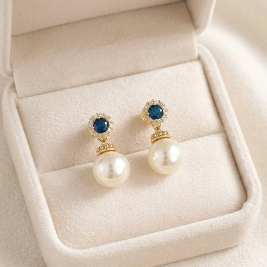 Bridal Pearl Gold Earrings with Sapphire Blue Accents