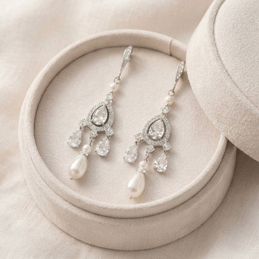Wedding Bridal Chandelier Earrings with Crystal and Pearl