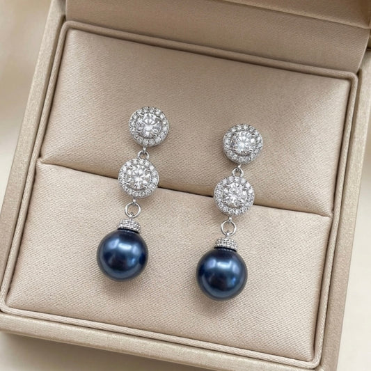 Wedding Navy Pearl Earrings Crystal Bridal Accessory