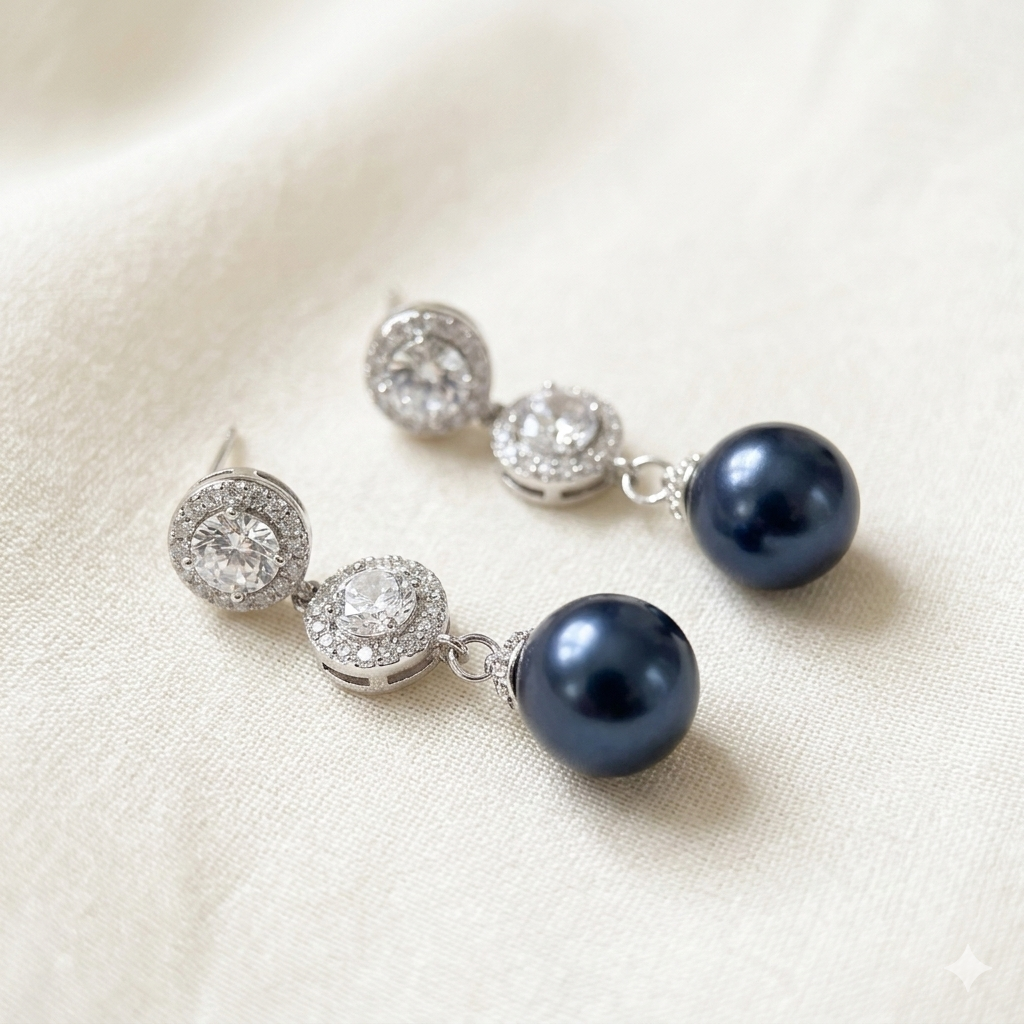 Wedding Navy Pearl Earrings Crystal Bridal Accessory
