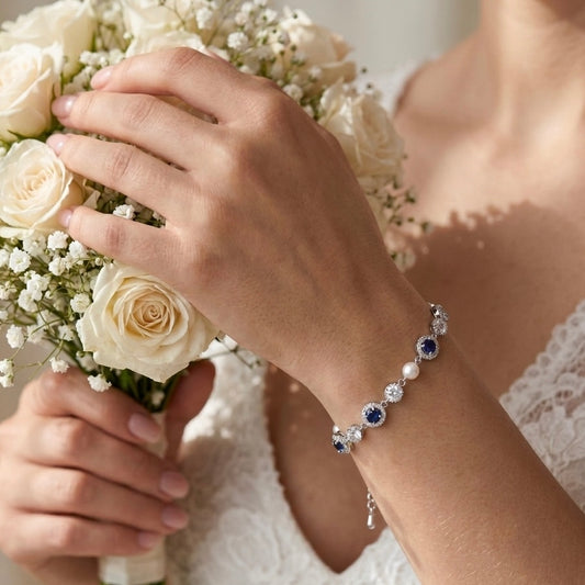 Bridal Sapphire Blue Crystal and Pearl Bracelet