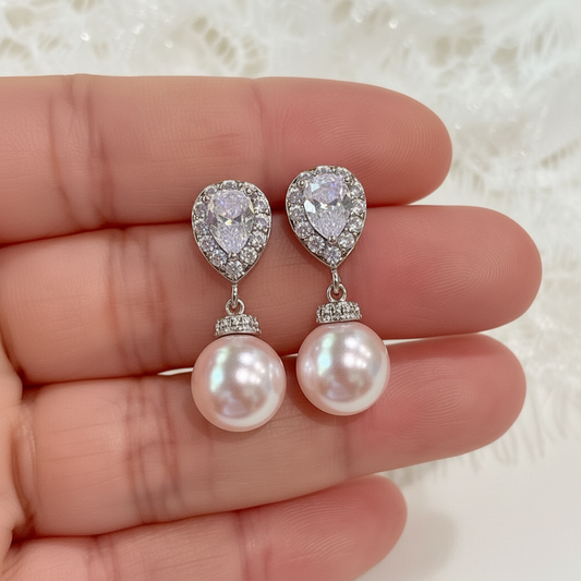 Wedding Bridal Bridesmaids CZ Classic 10mm Pink Pearl Dangle Earrings