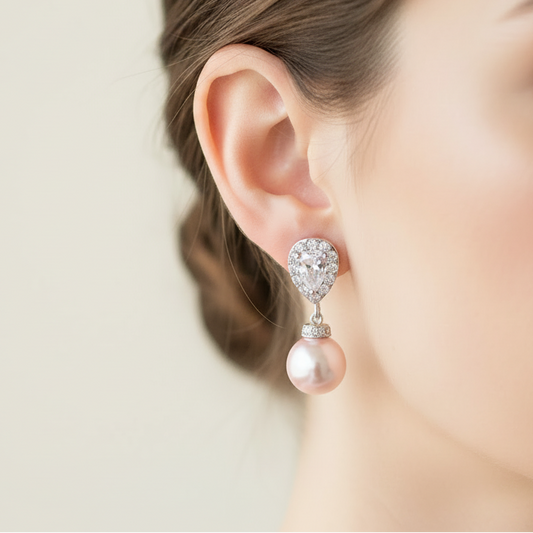 Wedding Bridal Bridesmaids CZ Classic 10mm Pink Pearl Dangle Earrings