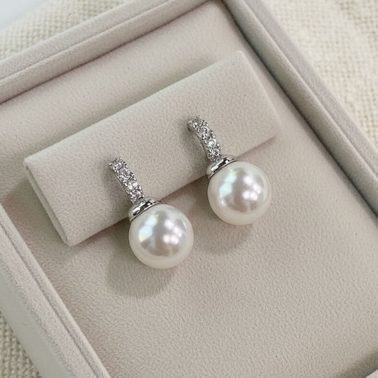 White Pearl Stud Earrings With Crystal Accents