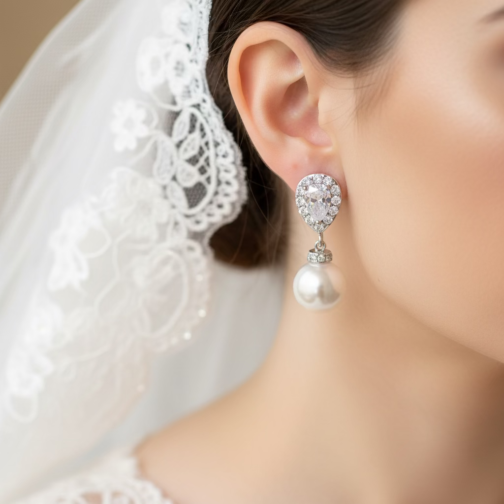Wedding Bridal 2pcs CZ Pearl Necklace and Earrings Set