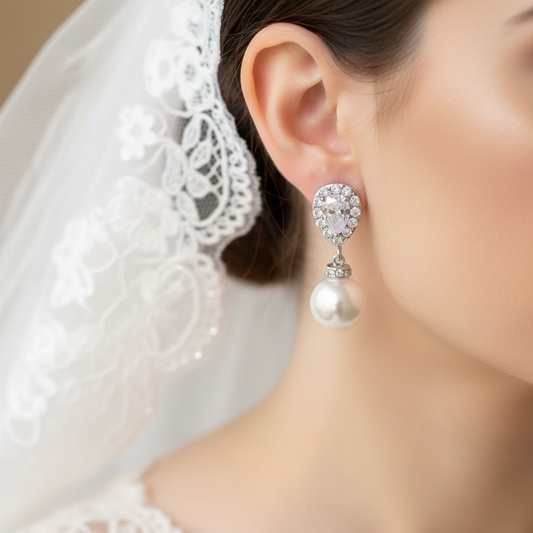 Wedding Bridal 2pcs CZ Pearl Necklace and Earrings Set