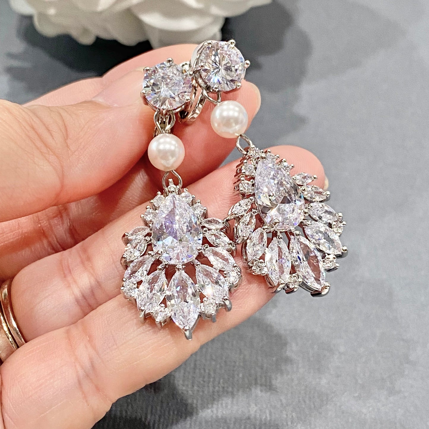 Tyana 3 pièces CZ Marquise perle boucles d'oreilles à clipser ensemble de bijoux 