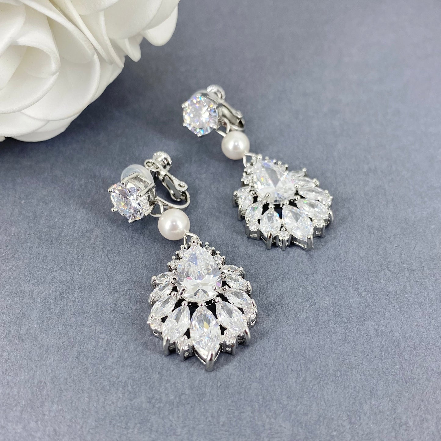 Tyana 3 pièces CZ Marquise perle boucles d'oreilles à clipser ensemble de bijoux 