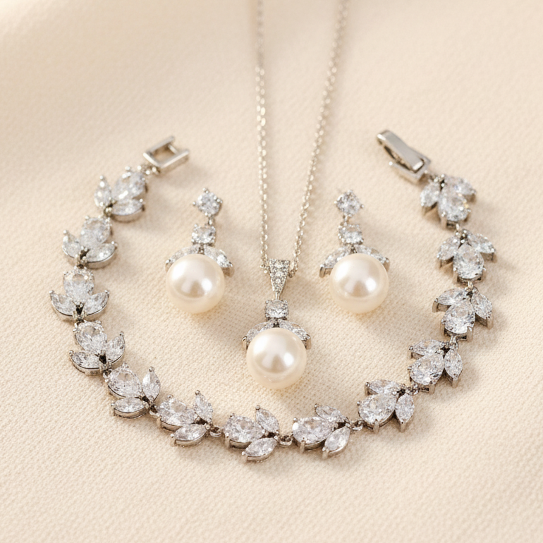 Wedding Bridal 3pcs CZ Floral and Pearl Jewelry Set