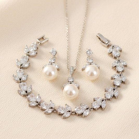Wedding Bridal 3pcs CZ Floral and Pearl Jewelry Set