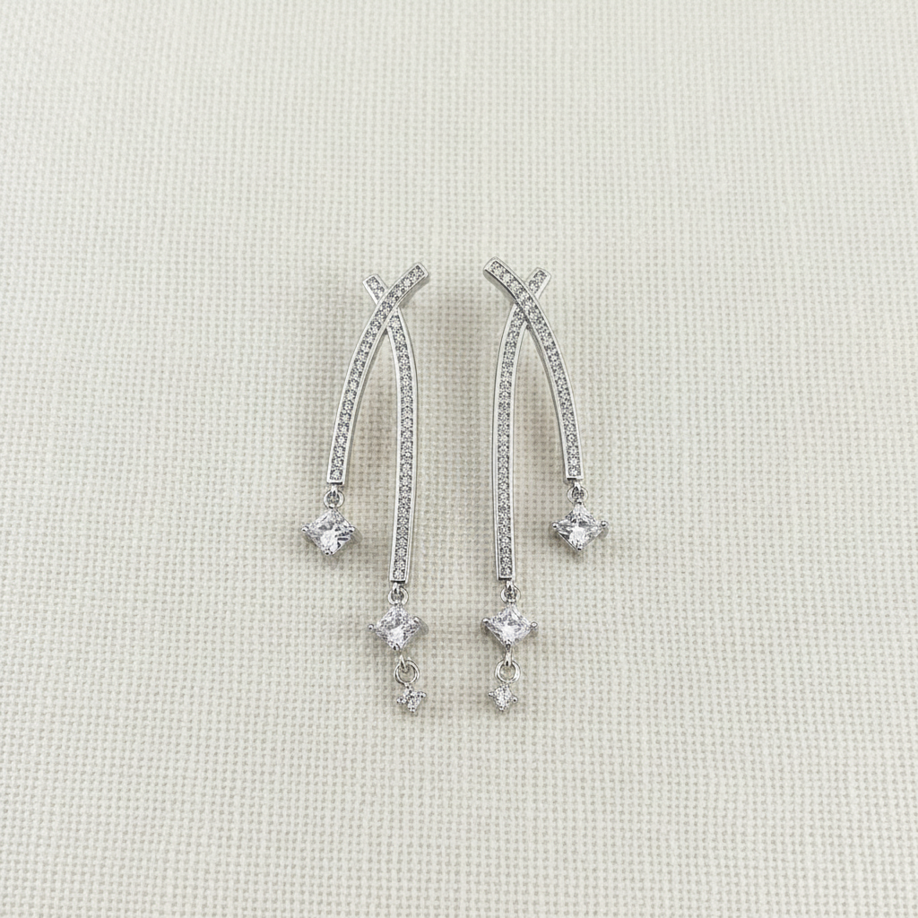Wedding Bridal CZ Linear Long Earrings