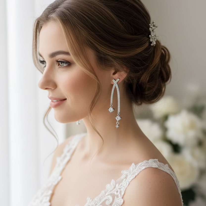 Wedding Bridal CZ Linear Long Earrings