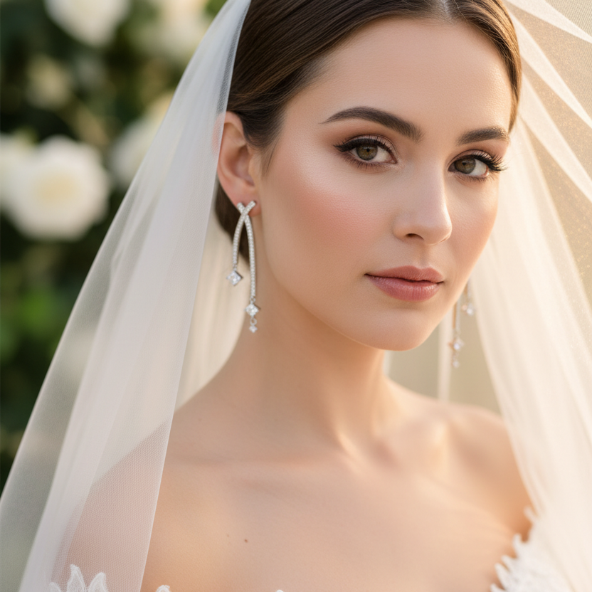 Wedding Bridal CZ Linear Long Earrings
