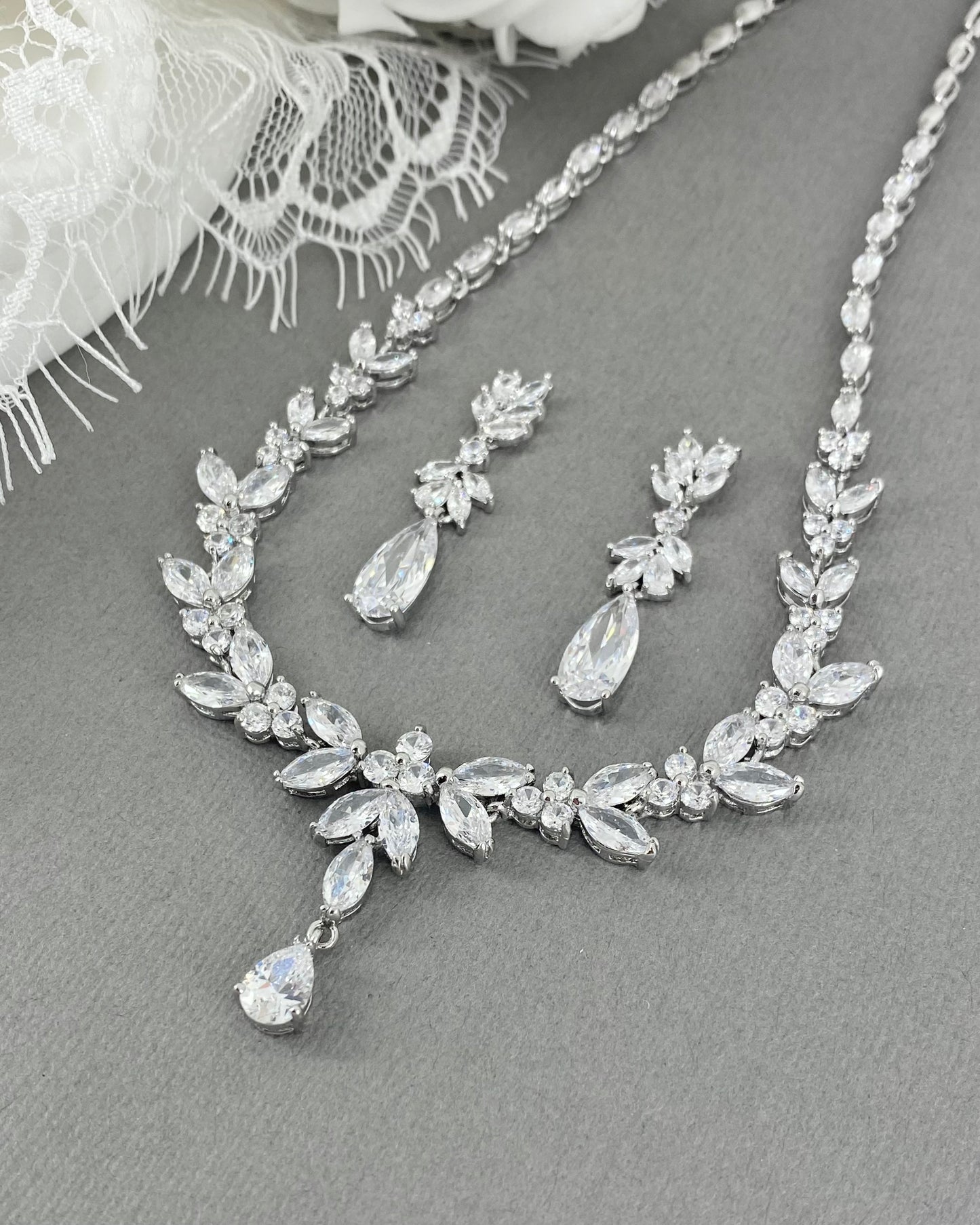 Lorelei 2pcs White Gold Plated CZ Necklace and Earrings Set