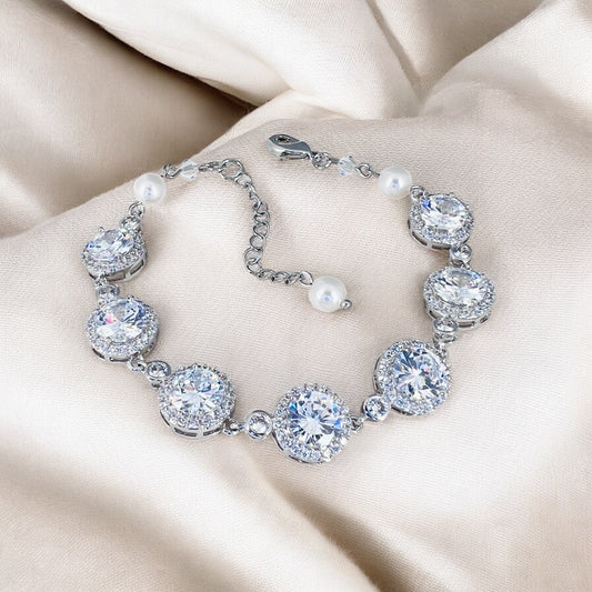 Clear Crystal Tennis Bracelet With Pearl Accents – Handmade Bridal Wedding Jewelry