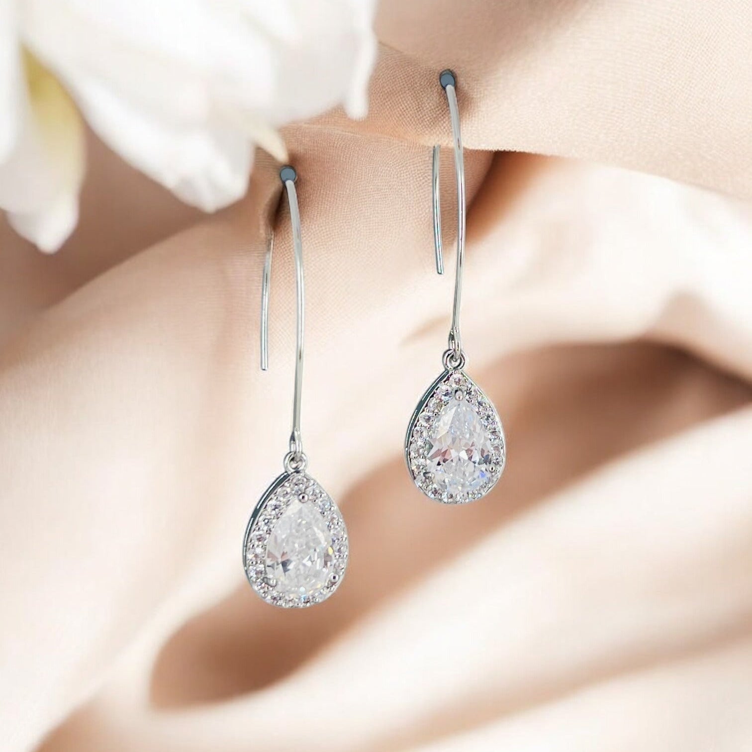Silver teardrop CZ earrings minimalist bridal dangle style
