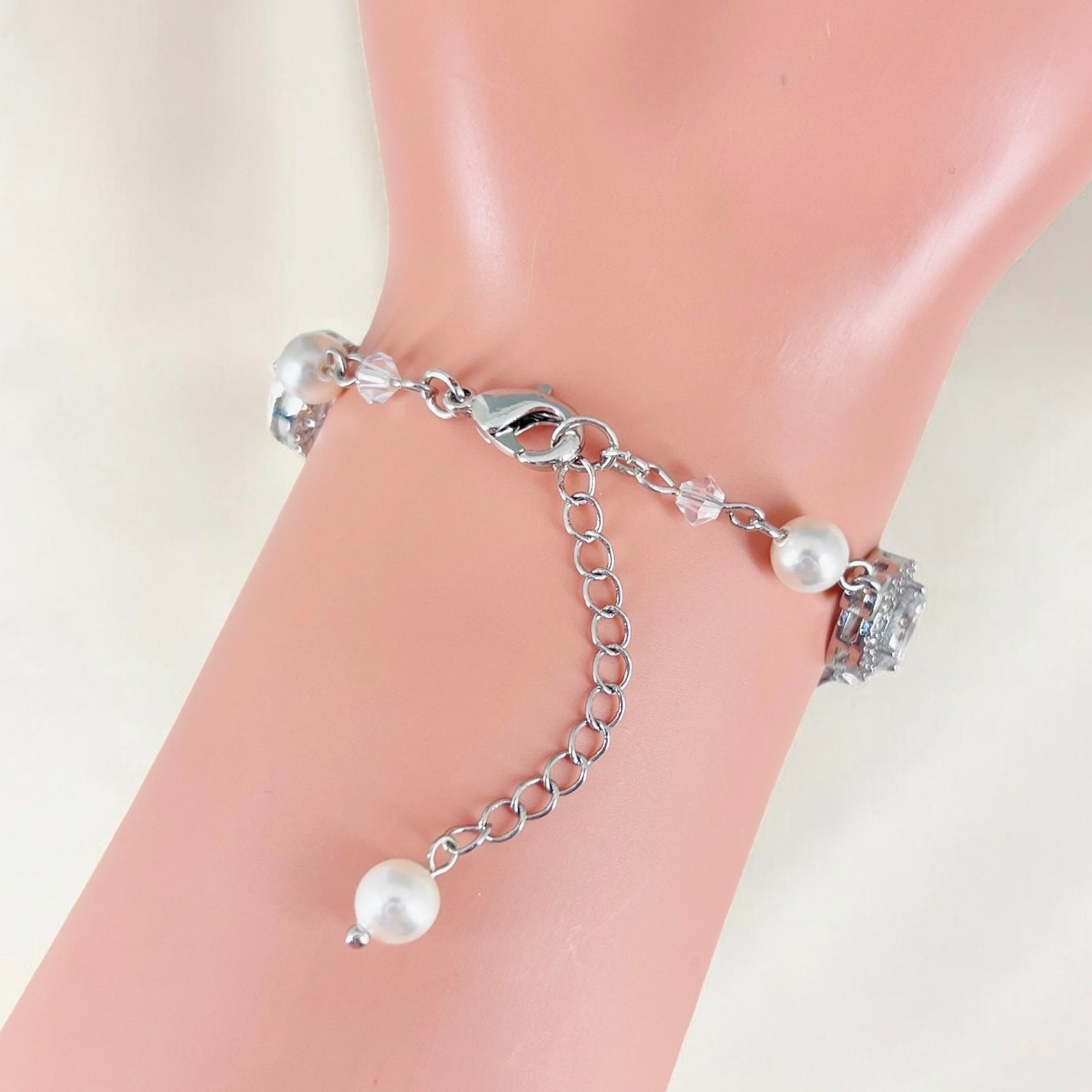 Close-up of crystal bridal bracelet clasp and extender