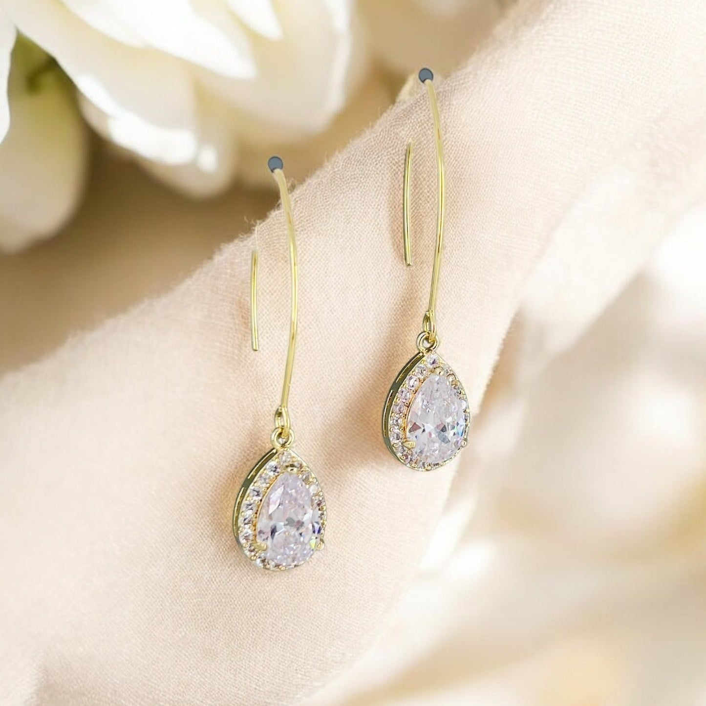 Gold teardrop CZ earrings minimalist bridal dangle style