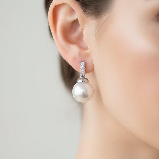 White Pearl Stud Earrings With Crystal Accents