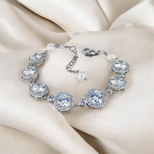 Elegant crystal bracelet for weddings and formal occasions photographed to show sparkle and clarity
