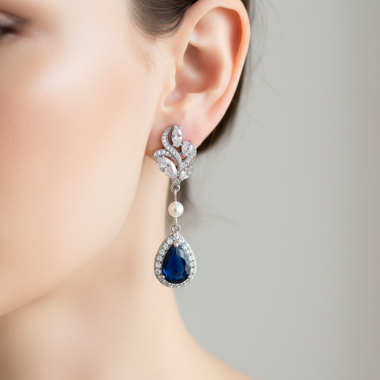 Sapphire Blue Teardrop Earrings With Crystal Halo