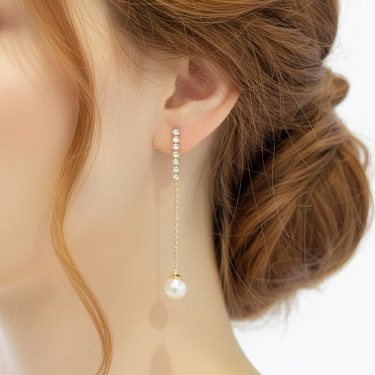 Wedding Bridal CZ 18K Gold Plated Linear Pearl Drop Earrings