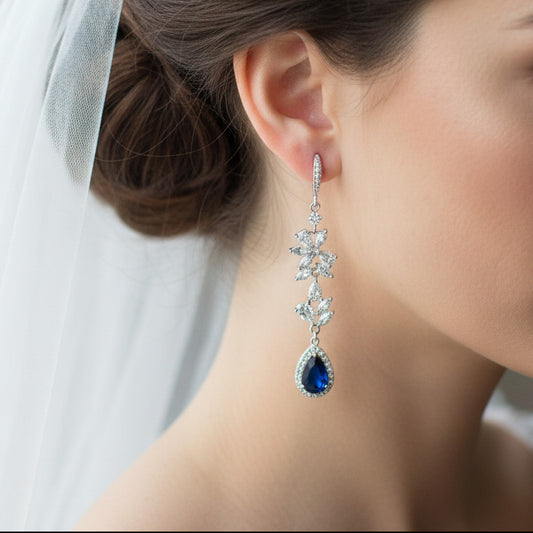 Bridal Wedding Sapphire Something Blue Teardrop Long Earrings