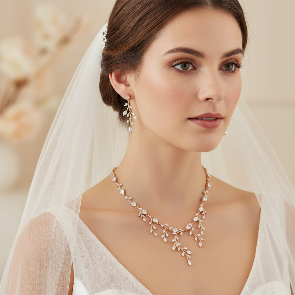Wedding Bridal Rose Gold CZ Leaf Necklace and Earrings Set