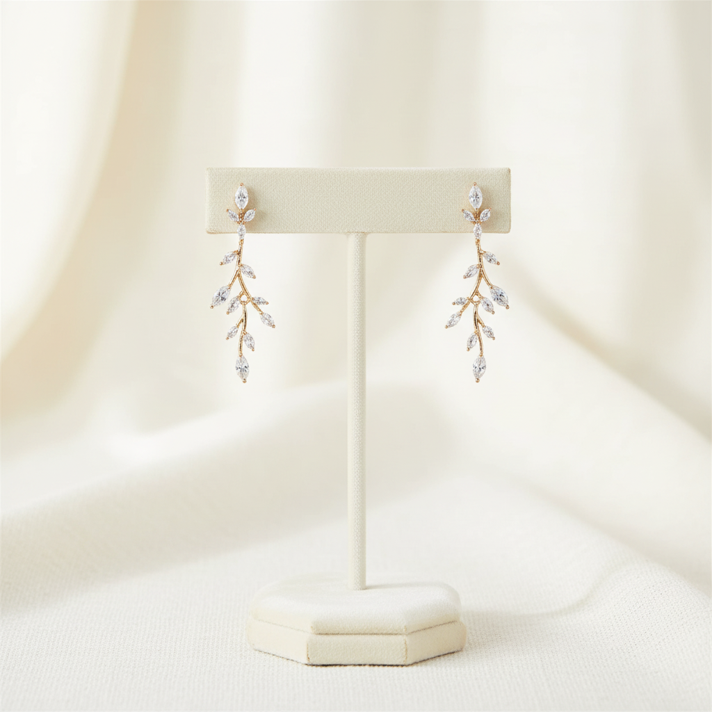 Wedding Bridal Rose Gold CZ Leaf Necklace and Earrings Set