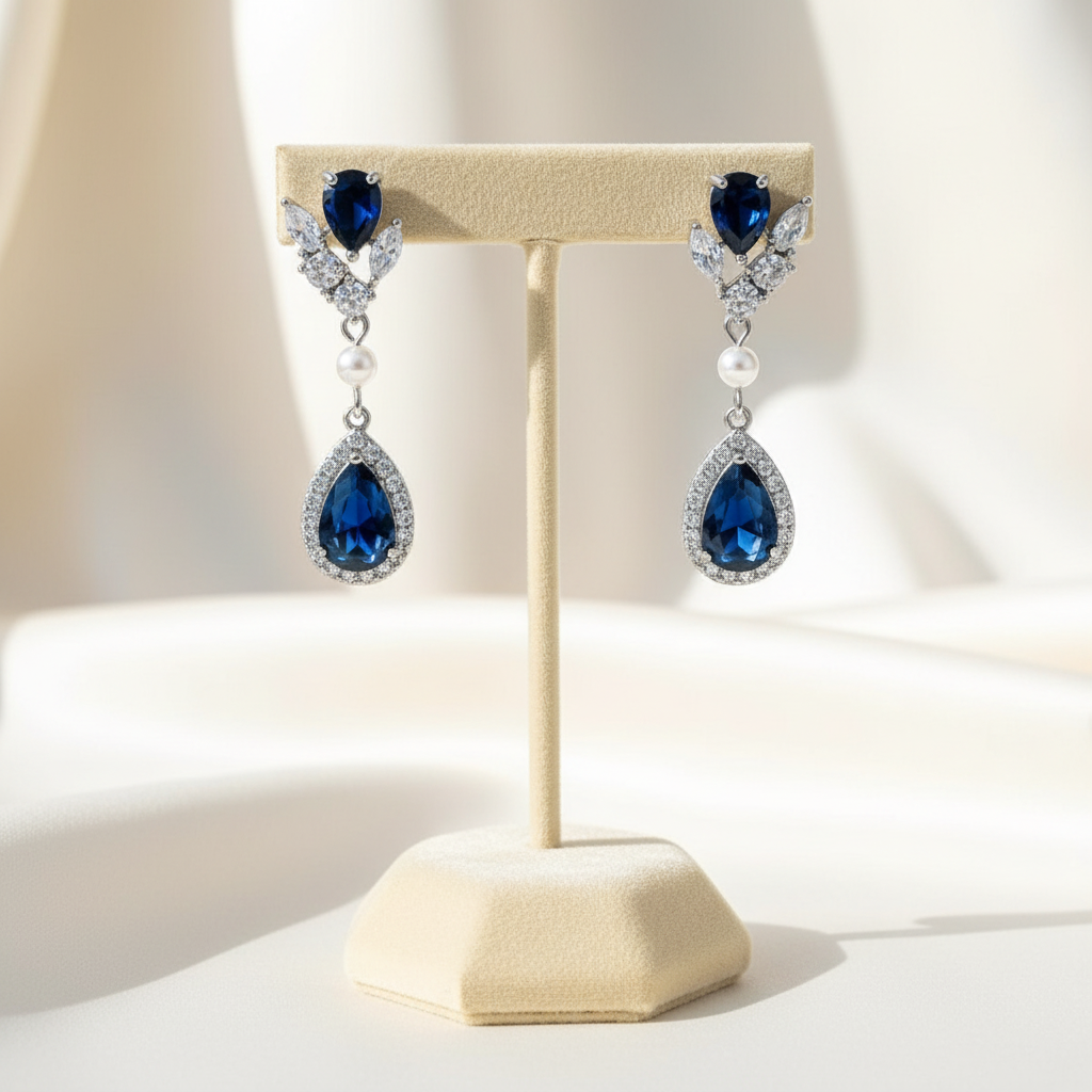 Sapphire Floral Teardrop Eedding Earrings Bridal Something Blue