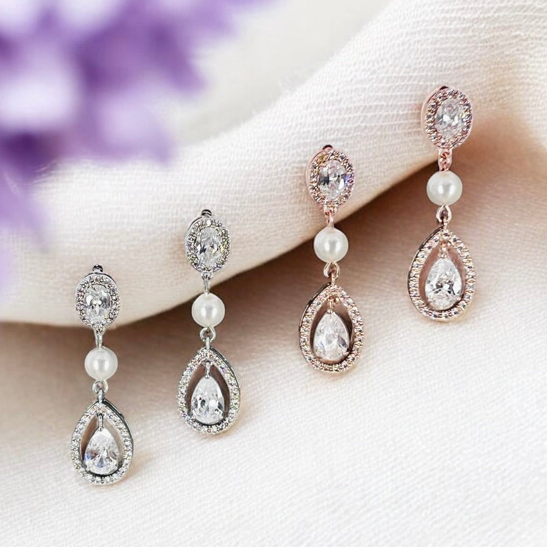 Crystal halo drop earrings with white pearl bridal style - silver and rose gold