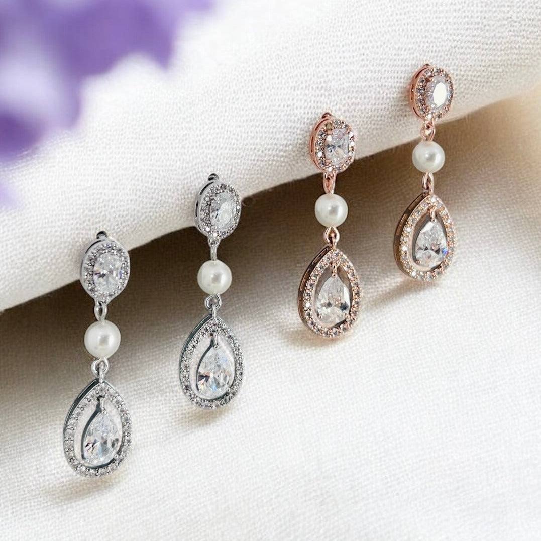 Crystal halo drop earrings with white pearl bridal style - silver and rose gold