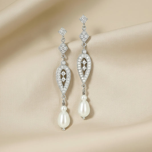 Bridal Crystal Pearl Long Clip On Earrings