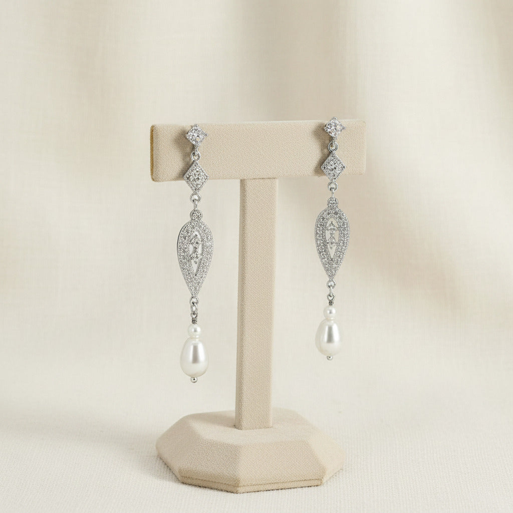 Bridal Crystal Pearl Long Clip On Earrings