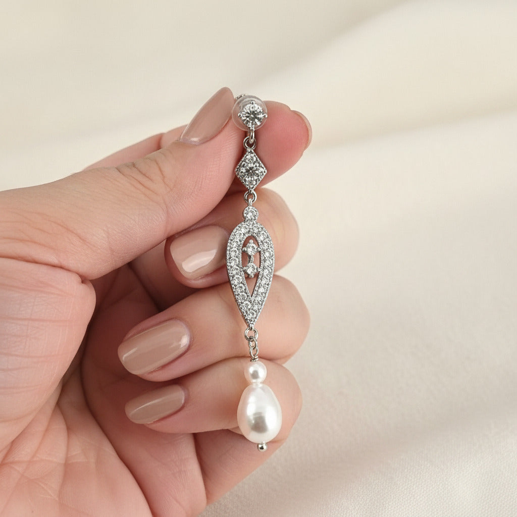 Bridal Crystal Pearl Long Clip On Earrings