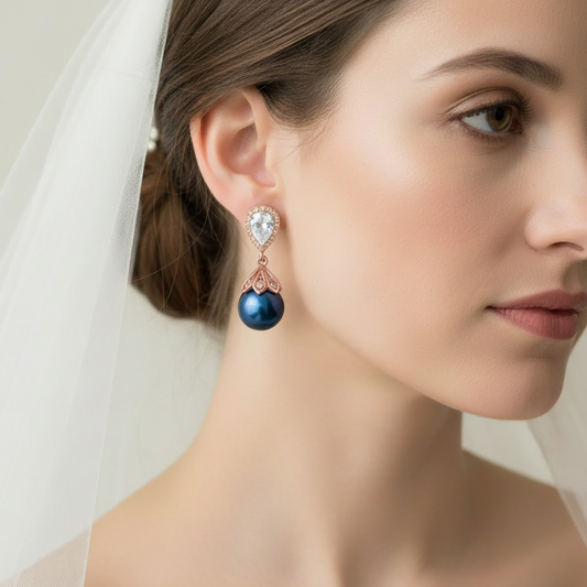 Navy Blue Pearl Bridal Earrings Something Blue