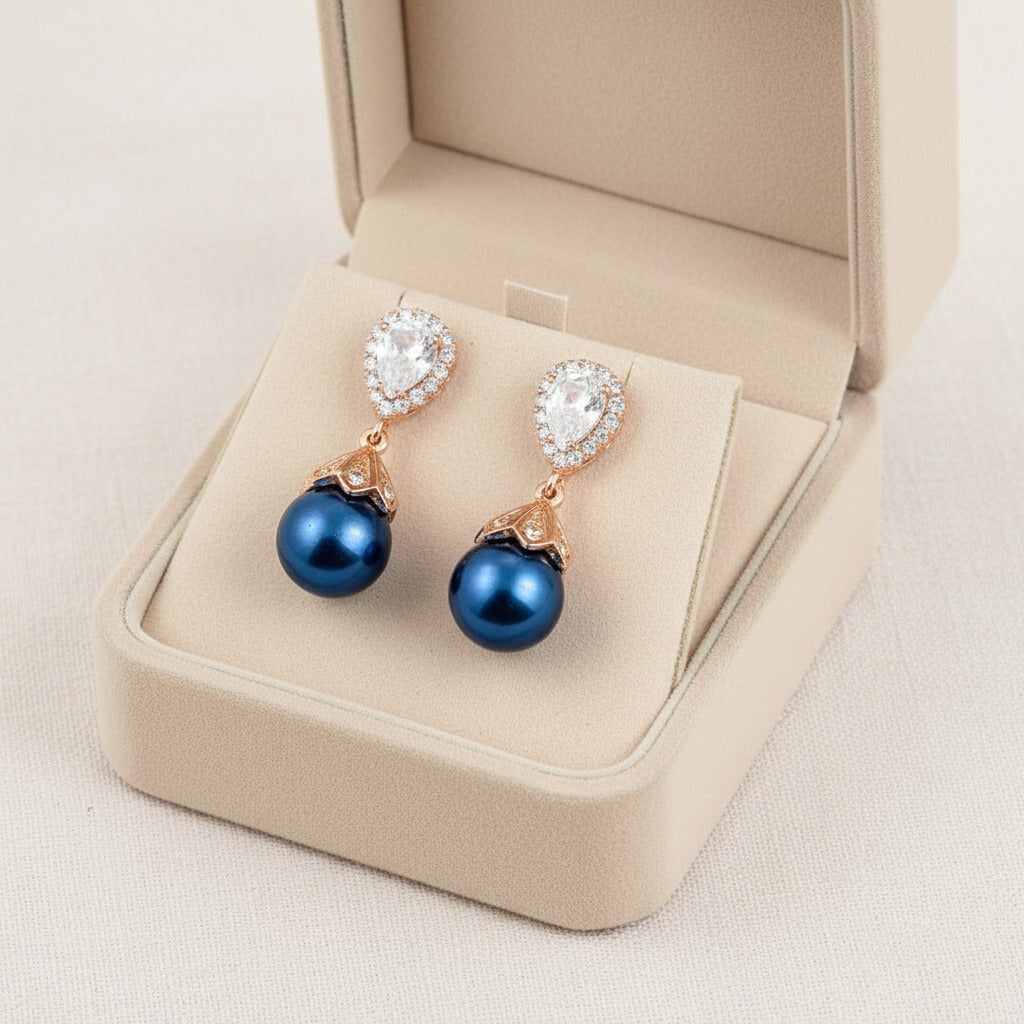 Navy Blue Pearl Bridal Earrings Something Blue