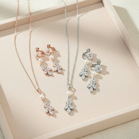 Wedding Pearl Crystal Leaf Bridal Earrings Jewelry Set