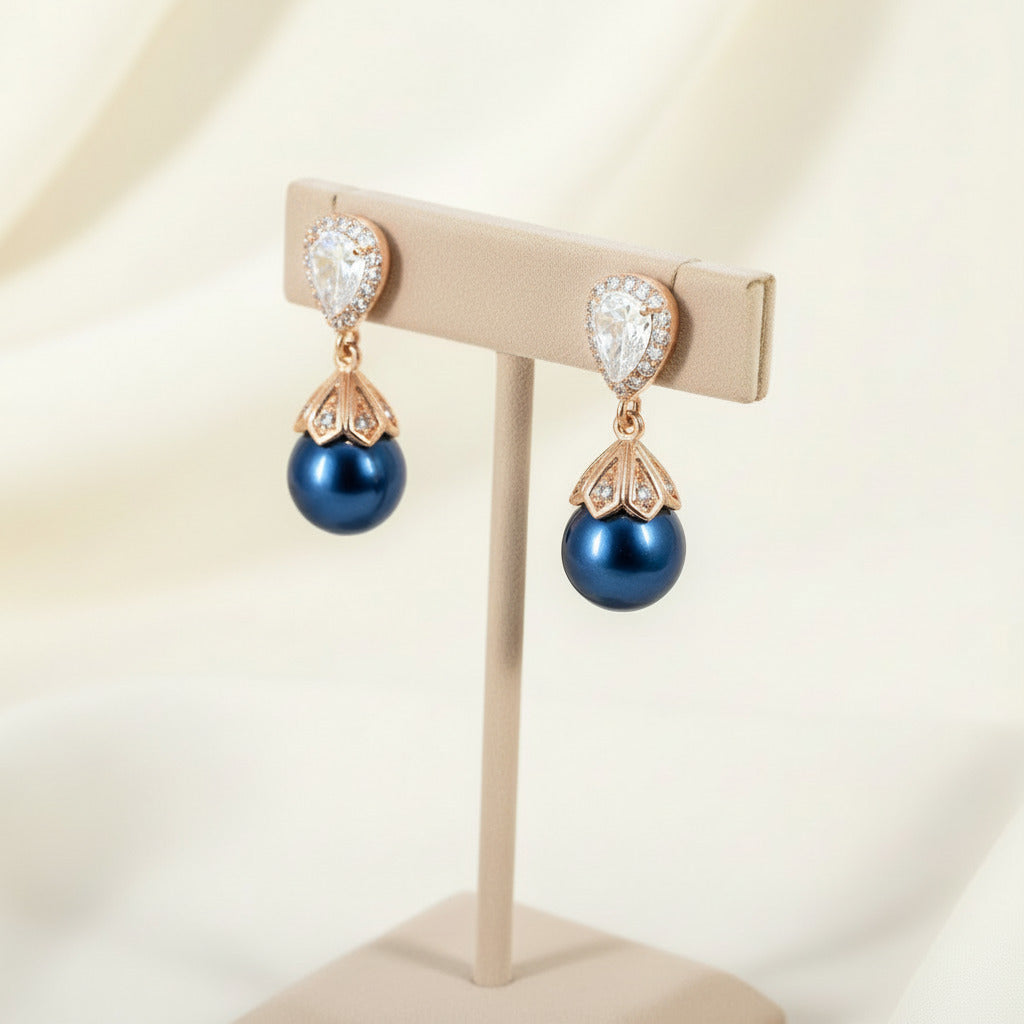 Navy Blue Pearl Bridal Earrings Something Blue