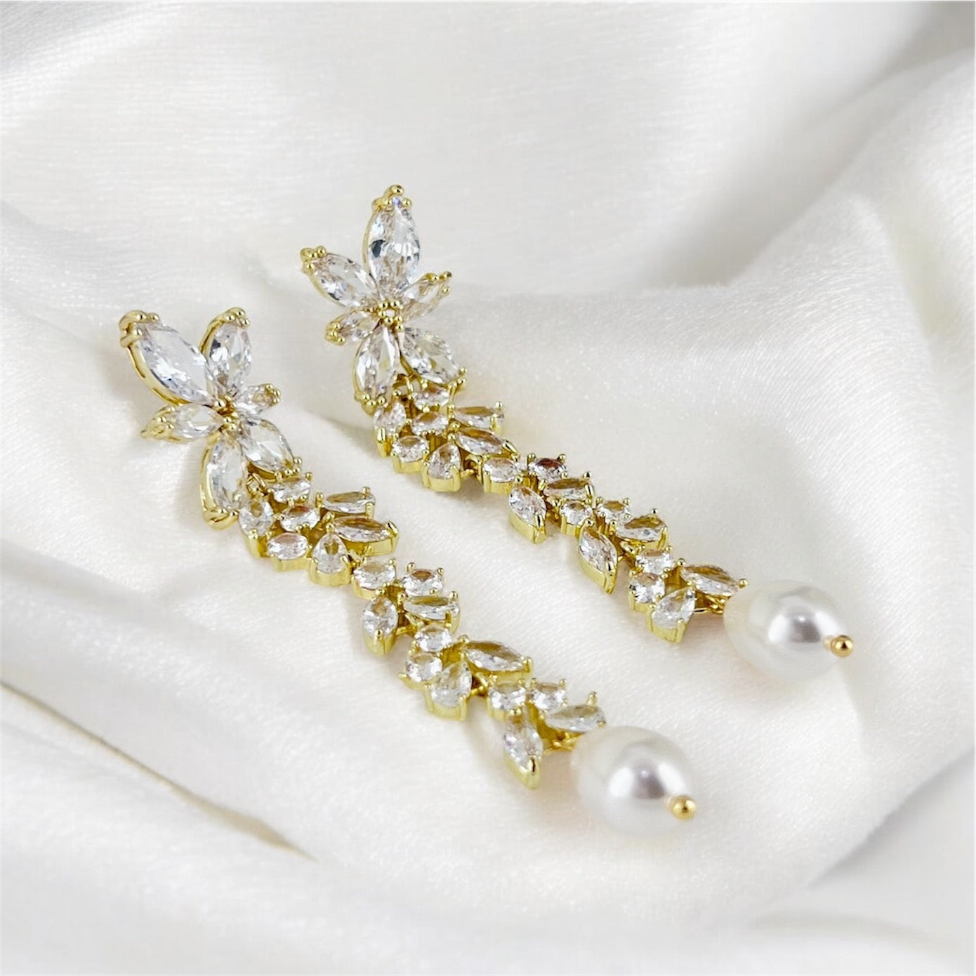 18K Gold Plated Bridal CZ Chandelier Long Pearl Dangle Wedding Earrings