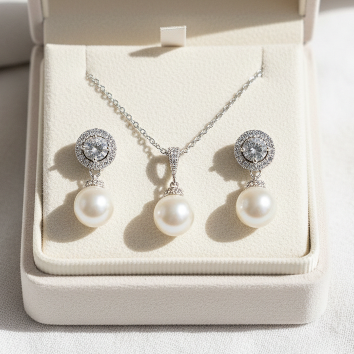 Elegant Bridal Wedding Classic Pearl Dangle Earrings Necklace Set