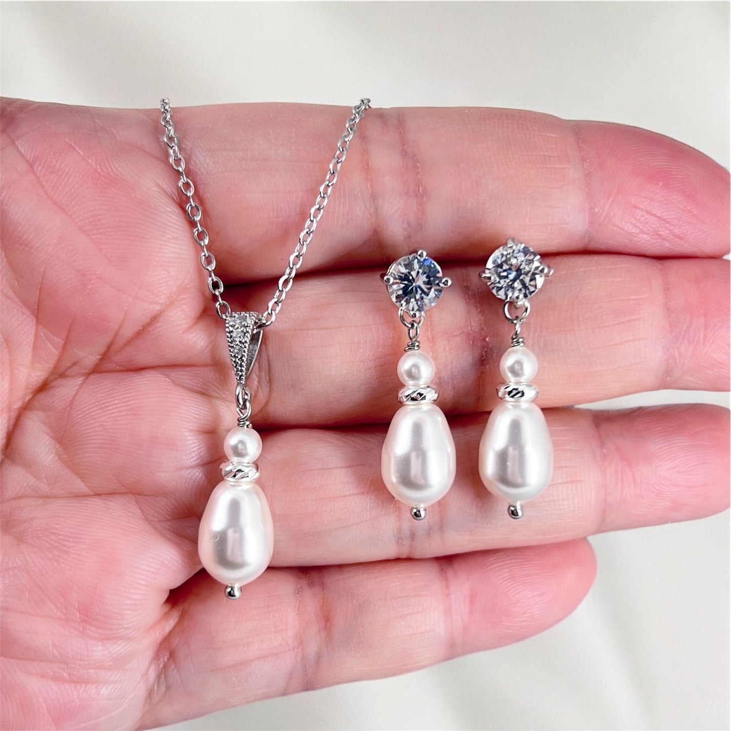 Pear Pearl Drop Earrings Necklace Set Bridal Crystal Jewelry
